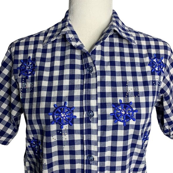 Quacker Factory Embroidered Button Up Shirt XXS Blue Gingham Short Sleeves - Picture 2 of 7